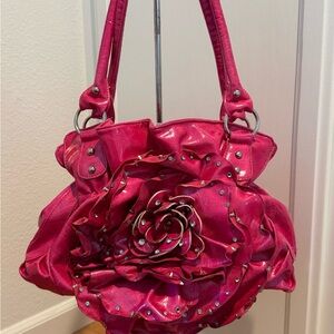 Fuchsia Rose Appliqué Shoulder Bag with Stud Detail